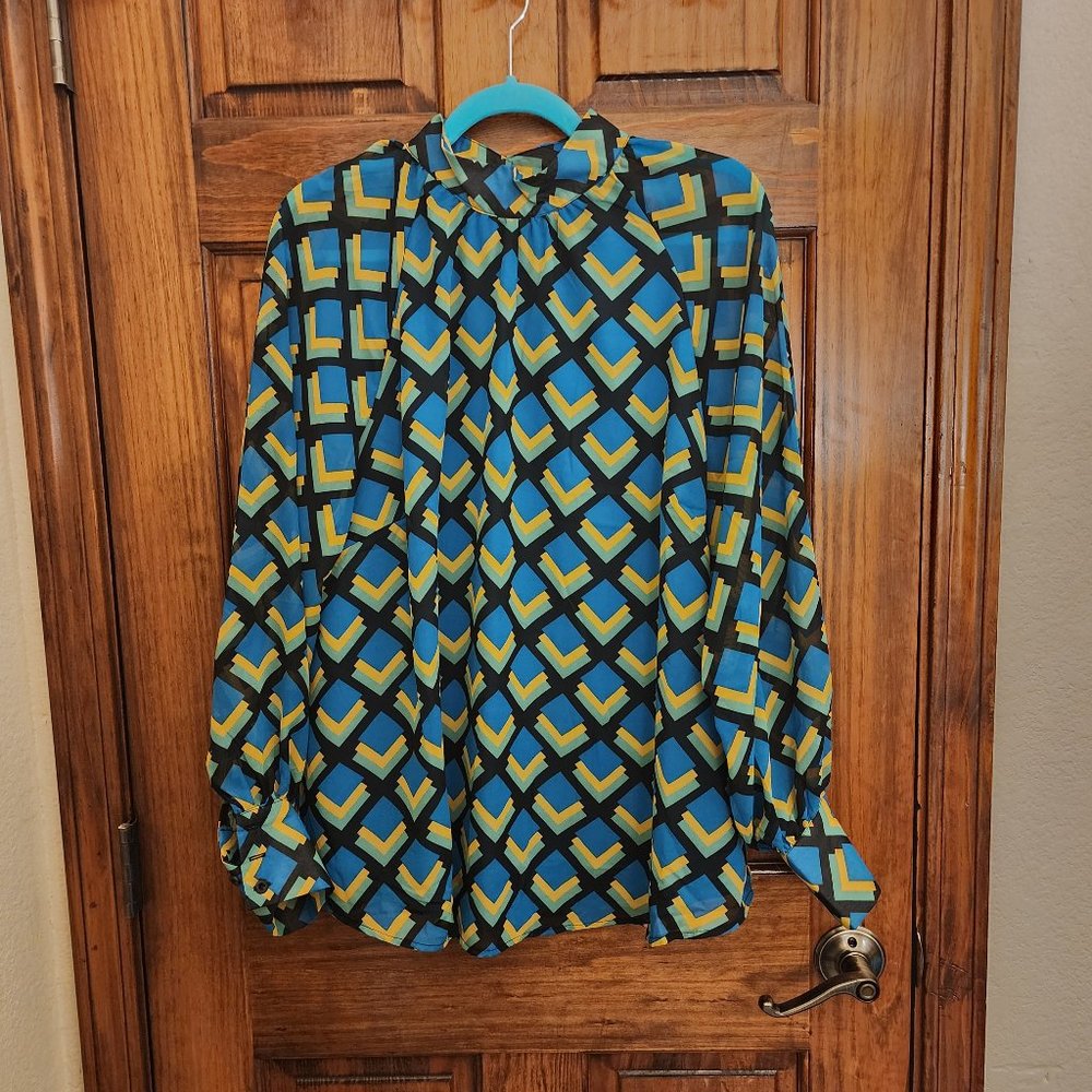 New York & Company Print Mockneck Drama Blue Blouse